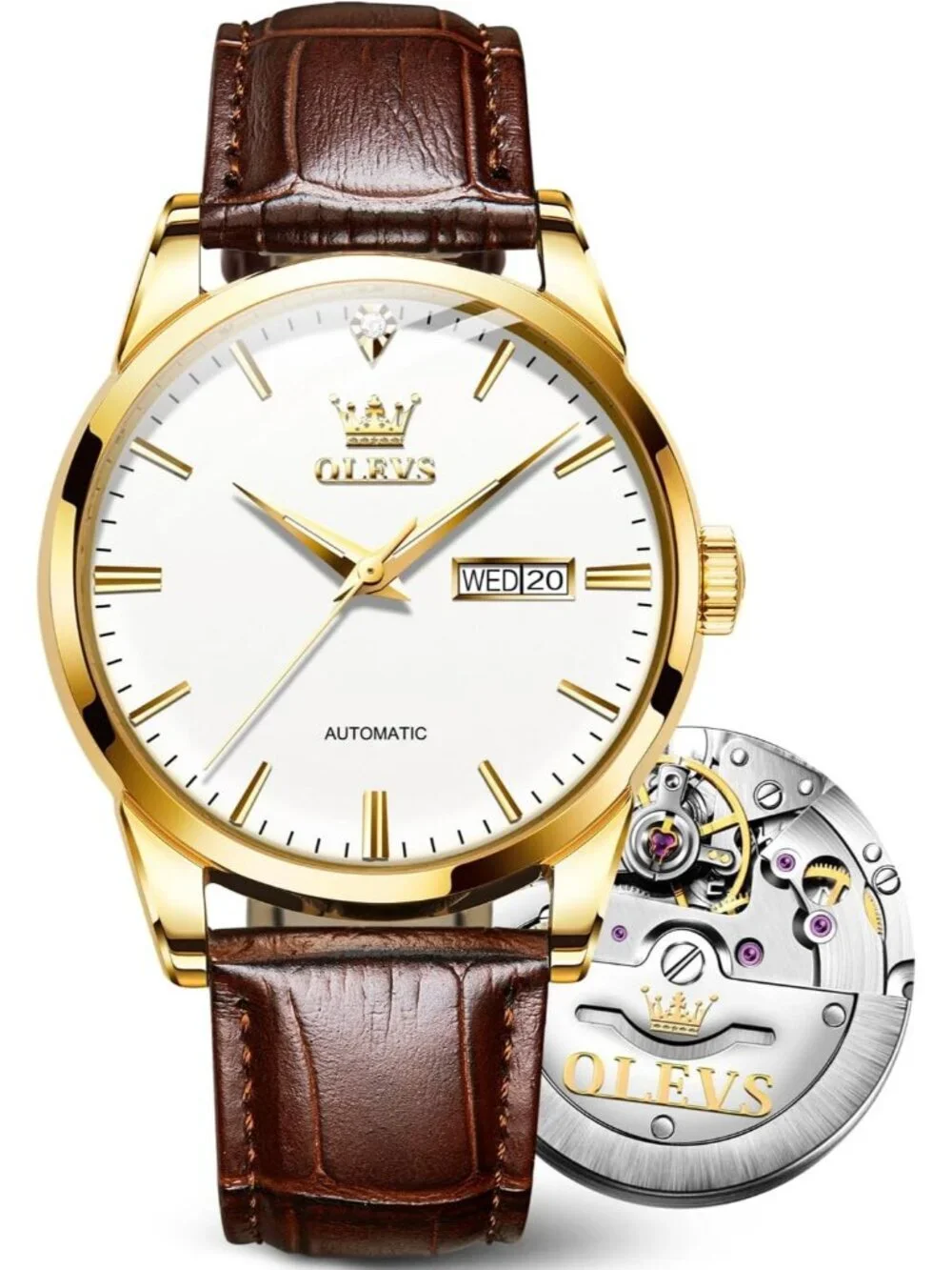 Men's Brown strap/White Dial Luxury Leather Band Mechanical Classic Wrist Watch
